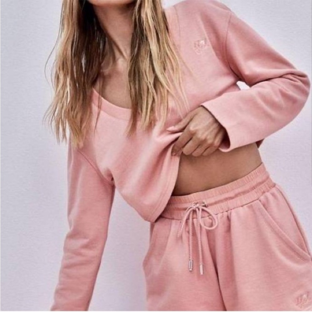 For Love and Lemons Morgan Cropped Logo Sweatshirt Cotton Polyester Pink